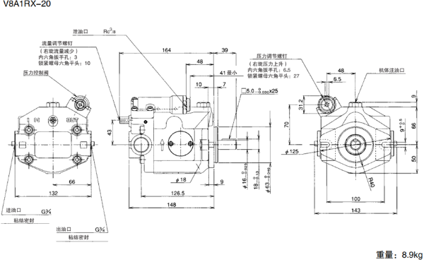 V8A1RX-20大金柱塞泵参数说明及外形安装尺寸图